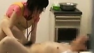 Amiable nurse gives her patient a handjob and then sucks h