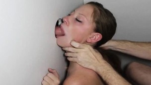 Uncomplaining blonde whore with big tits blows and fucks at the gloryhole