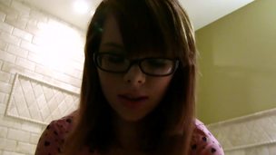 Petite nerd girl and a big dick chap fucking in the bathroom