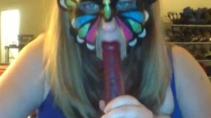 Chubby blonde wife in butterfly mask was showing off her huge boobies