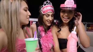 Bachelorette party threesome with teen babes and slutty dude