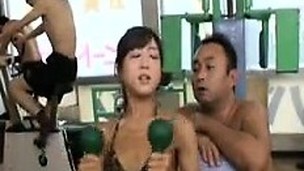 Asian honey works out in her leopard bikini and gets grope