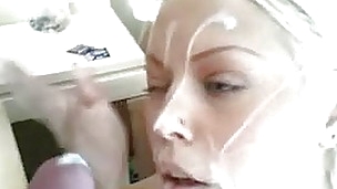This sexy blonde is stroking a lengthy hard cock and using her face hole to give a sloppy blowjob. Her partner strokes his cock and spurts a huge load of creamy jizz all over her enchanting face. After this guy blows, that babe sucks the remaining cum out of his cock and washes the jism out of her hair in the bathroom.