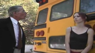 Aged stud bangs the natural babe right next to the school bus