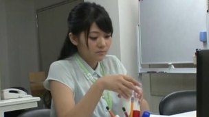 Delicious Japanese office worker getting stuffed on the table