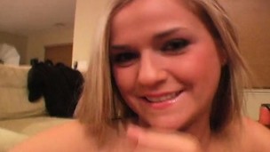 Desirable blonde legal age teenager Mckenzee drops to her knees and strokes a dick