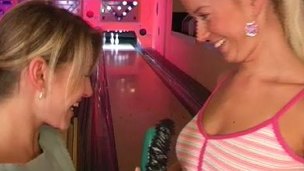 Babes at a bowling alley party have sexy sex on the hardwood floor